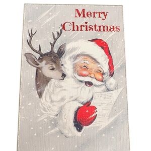 Festive Santa and Reindeer Christmas wooden wall hanging